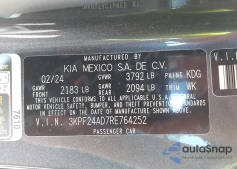 2024 Kia Forte Lxs из США, поврежденный, VIN 3KPF24AD7RE764252